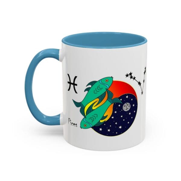 Pisces-themed mug with fish design.