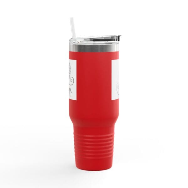 Red insulated tumbler with straw.