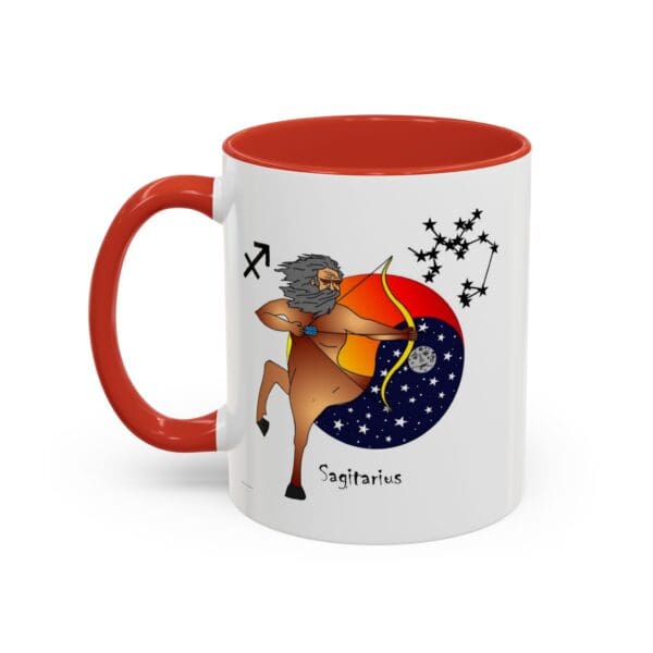 Sagittarius-themed mug with celestial graphics.