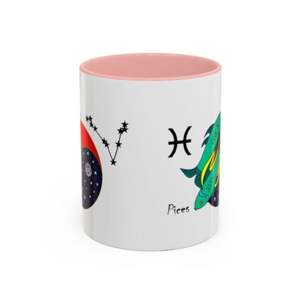 Astrology-themed mug with Pisces symbol and fish.