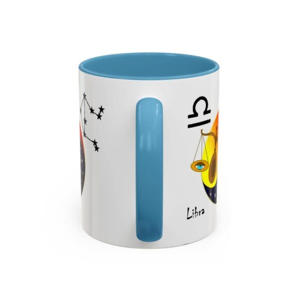 Libra-themed mug with colorful designs.