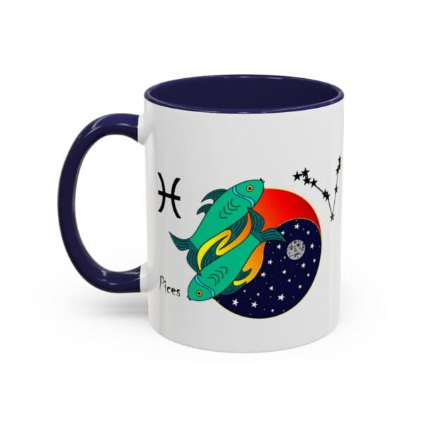 Pisces-themed mug with colorful fish design.