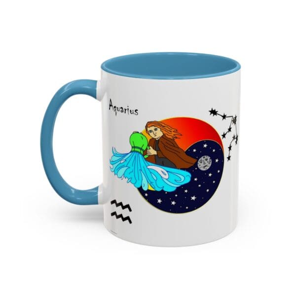 Aquarius-themed mug with colorful design.