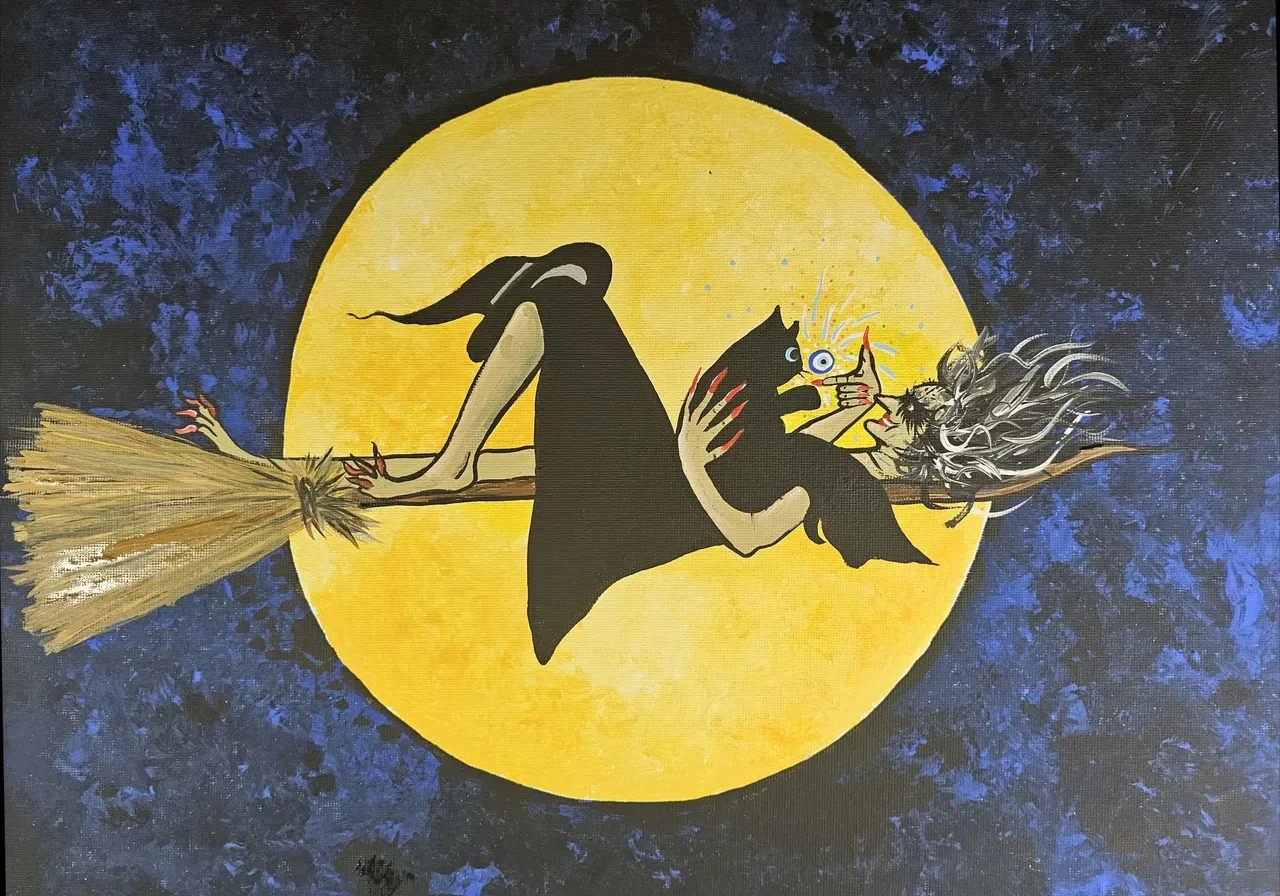 Witch flying on broomstick with black cat.