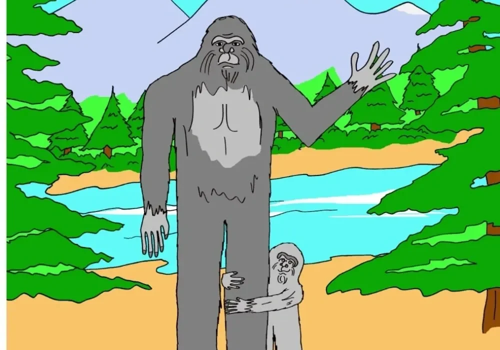 Bigfoot family coloring book cover illustration.