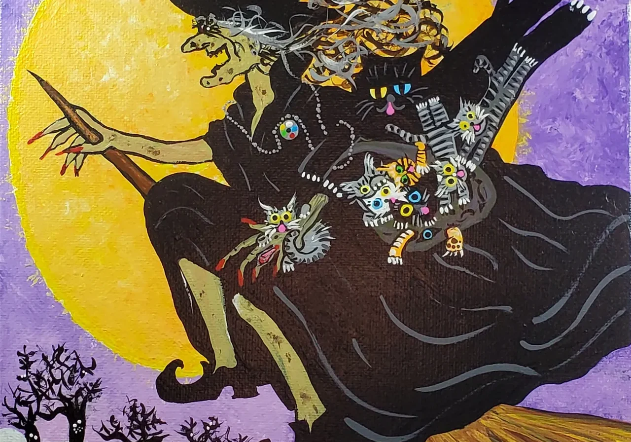 Witch flying with colorful cats on broom.