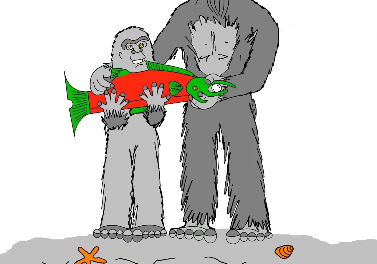 Bigfoot and child holding a colorful fish.