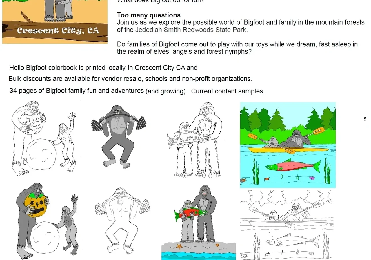 Bigfoot-themed cookbook and color book features.