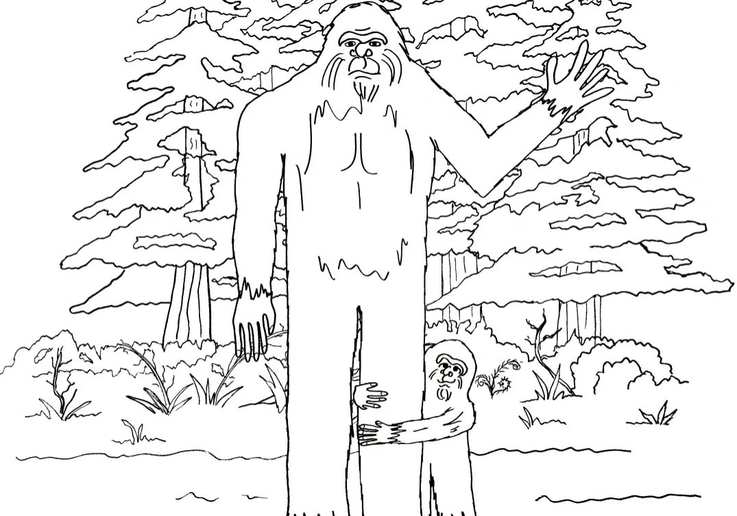 Bigfoot coloring book page with greeting.