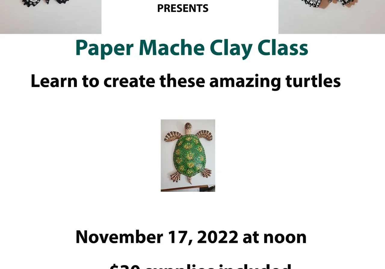 Paper mache clay class featuring turtle artworks.