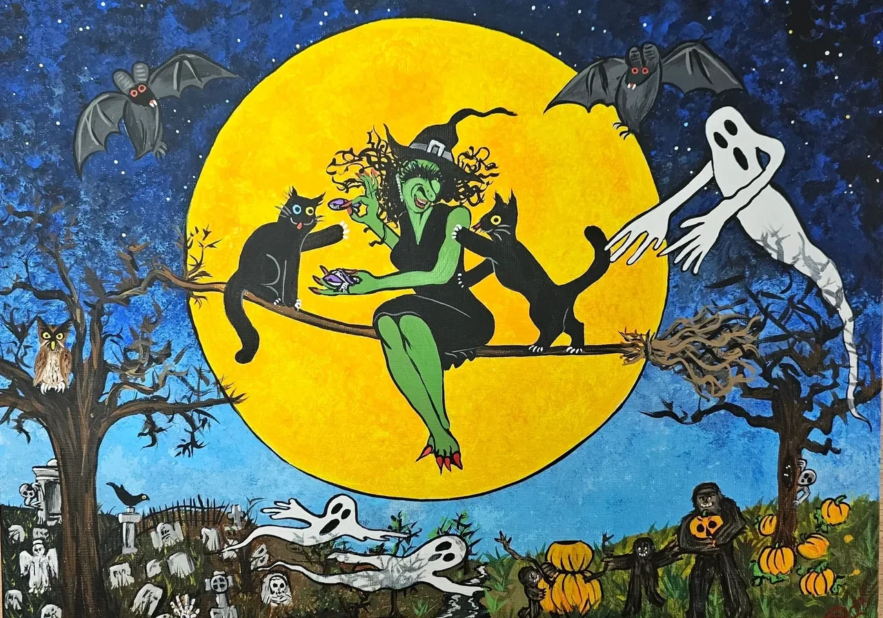 Witch with cats under a full moon.