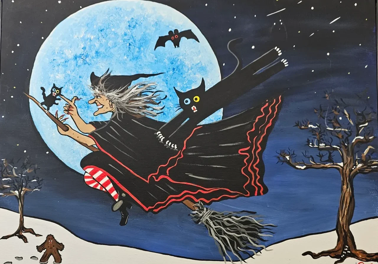 Witch flying with cats under moonlight.