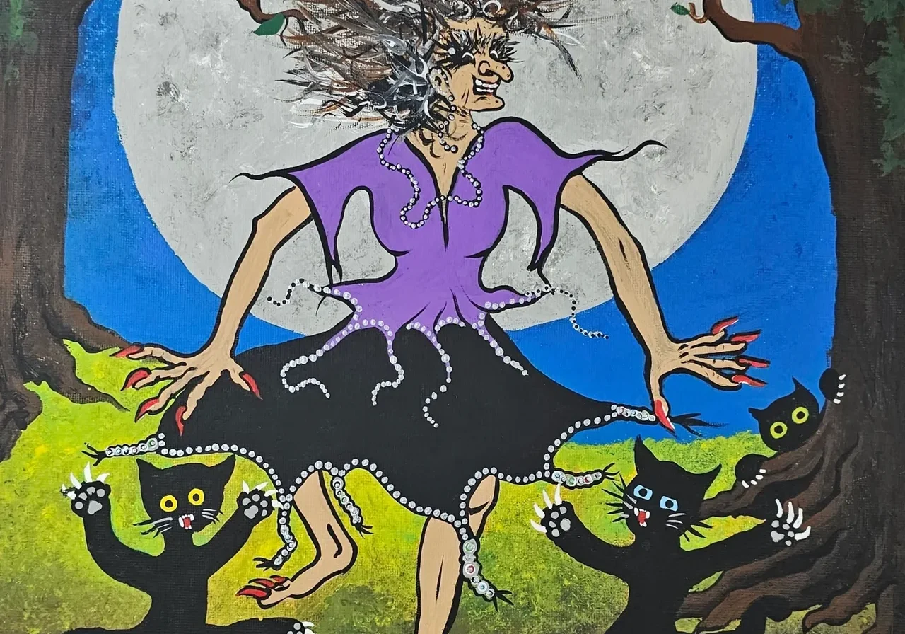 Dancing witch surrounded by playful black cats.